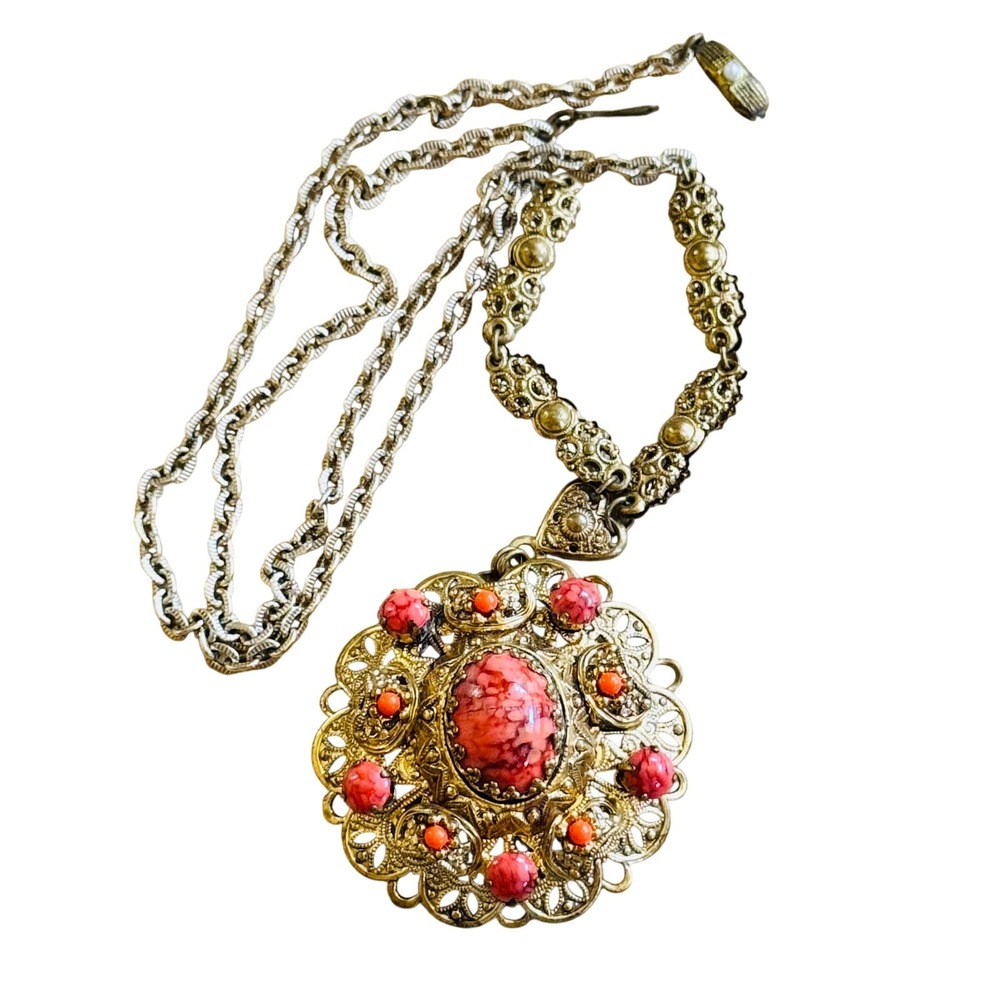 VTG Regal Filigree Necklace Faux Coral Glass Cabochon Victorian Style Germany